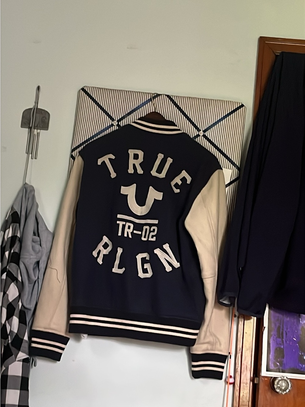 True Religion Navy and Cream Letterman Bomber Jacket